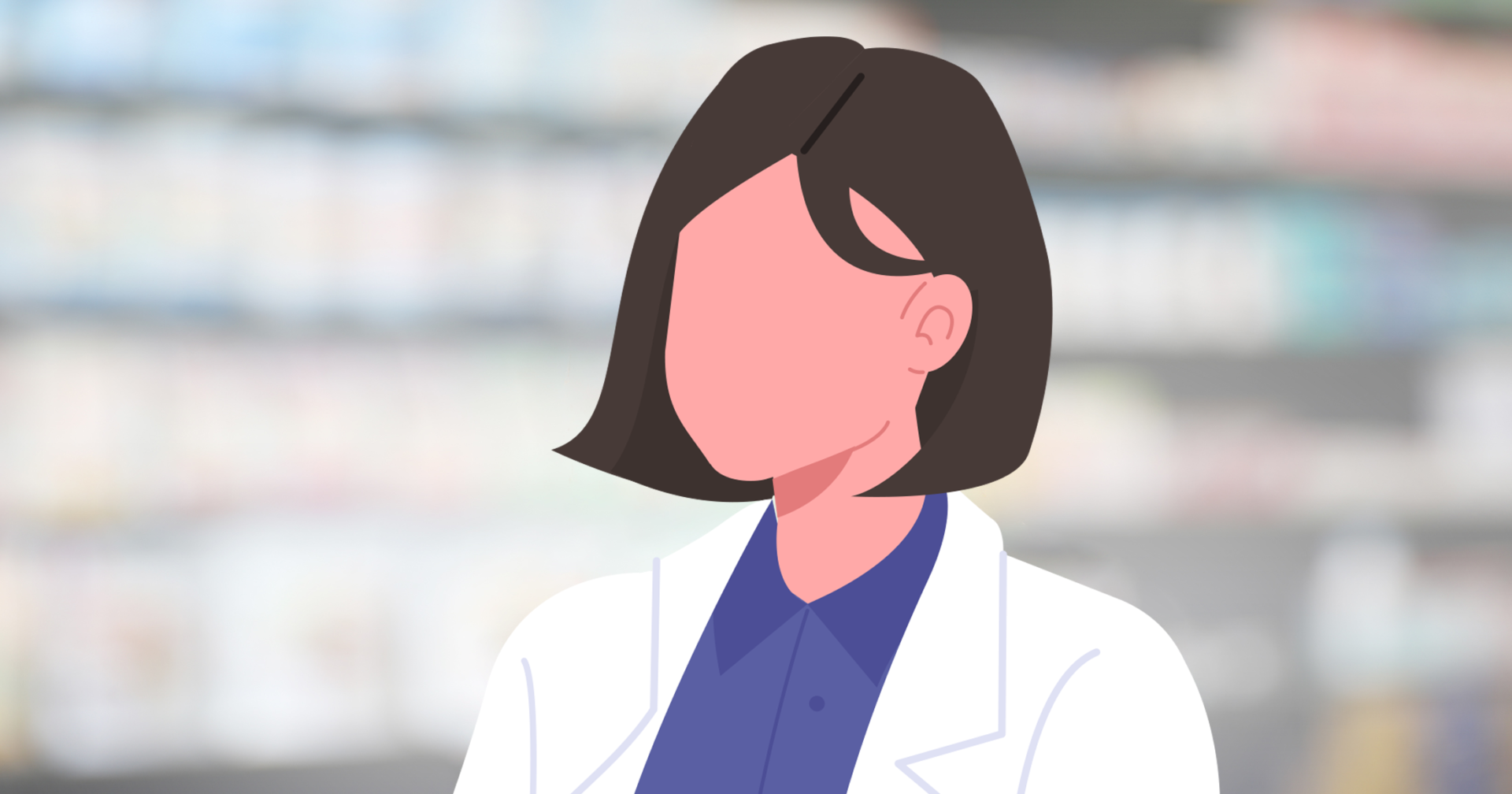 Die Illustration einer gesichtslosen Frau mit kurzen braunen Haaren, die einen weißen Laborkittel über einem blauen Hemd trägt, steht vor verschwommenen Regalen.