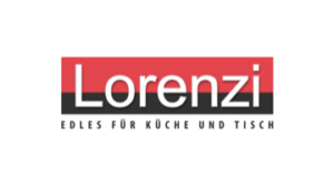 Logo mit dem Wort Lorenzi in gro&szlig;en wei&szlig;en Buchstaben auf rotem und schwarzem Hintergrund. Darunter steht in kleinerer schwarzer Schrift Edles f&uuml;r K&uuml;che und Tisch auf wei&szlig;em Hintergrund - perfekt f&uuml;r alle, die Wert auf Qualit&auml;t und Kundenbelohnung legen.