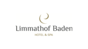Logo f&uuml;r Limmathof Baden Hotel & Spa mit einem minimalistischen goldenen Halbmond &uuml;ber dem Hotelnamen in eleganter Schrift, darunter HOTEL & SPA in kleineren goldenen Buchstaben. Perfekt f&uuml;r die Pr&auml;sentation auf der Wyss Treuekarte. Wei&szlig;er Hintergrund.