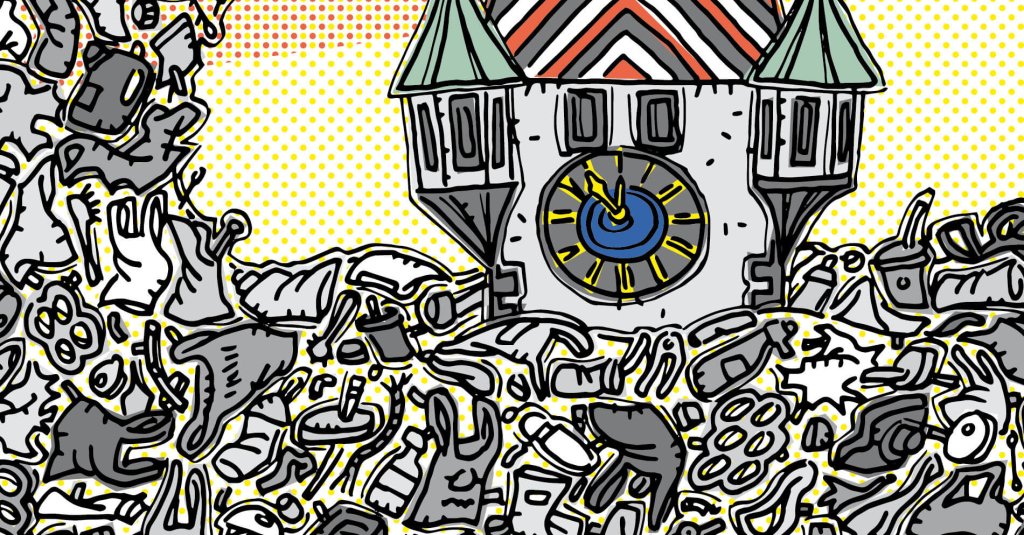 Ein Uhrenturm im Cartoon-Stil ist von großen Haufen von Müll und weggeworfenen Gegenständen umgeben, die ein Plastik-Experiment vor einem gepunkteten Pop-Art-Hintergrund in Rot, Gelb und Weiß hervorheben.