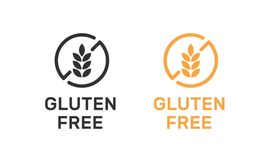 Zwei glutenfreie Icons: jedes zeigt ein stilisiertes Weizensymbol in einem Kreis mit einer diagonalen Linie, die f&uuml;r Glutenunvertr&auml;glichkeit steht - eines in Schwarz mit schwarzem Text und eines in Orange mit orangem Text, beide auf wei&szlig;em Hintergrund.