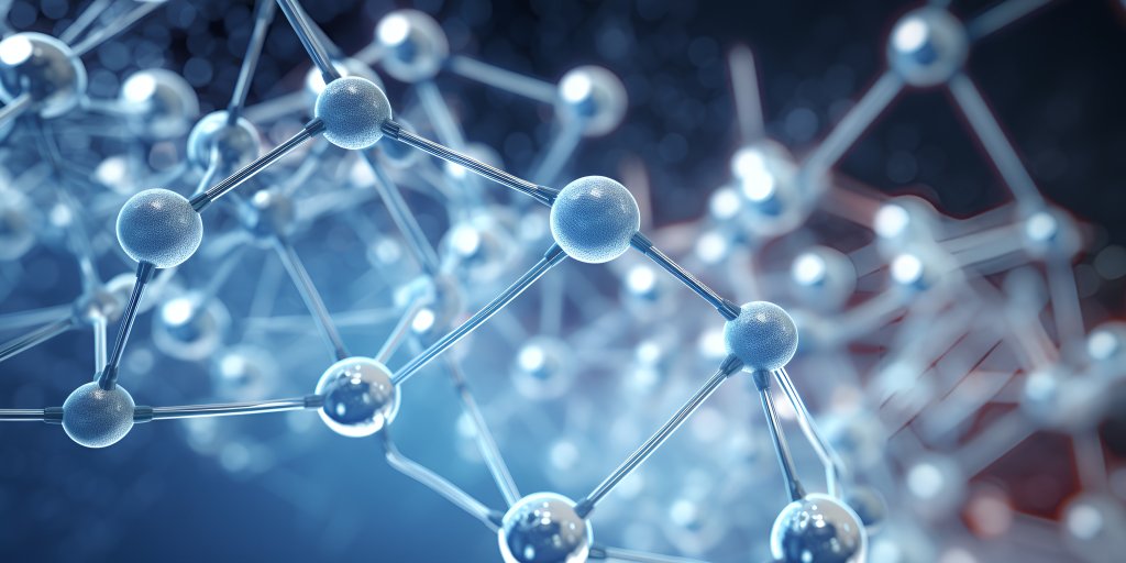 Eine 3D-Darstellung von miteinander verbundenen Molek&uuml;len in Nahaufnahme bildet eine komplexe Gitterstruktur, die an kugelf&ouml;rmige Tablettenformen und Bindungen erinnert, vor einem verschwommenen blauen und dunklen Hintergrund.