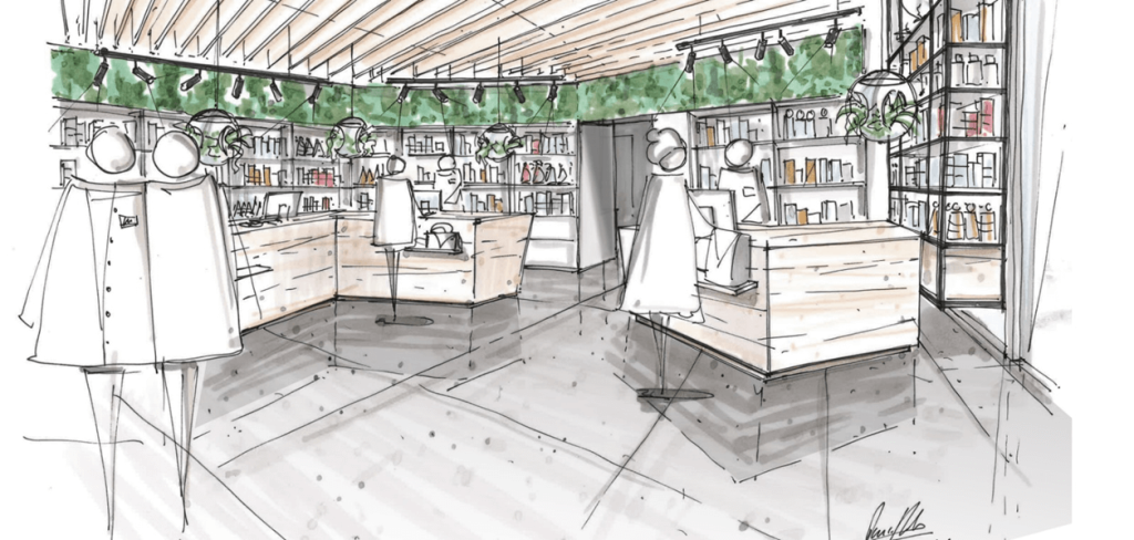 Architekturskizze eines modernen Einzelhandelsgeschäfts in der Nähe des Bahnhofs Baden mit Schaufensterpuppen, Regalen und Grünpflanzen darüber. Helle Holzakzente, schräge Regale und eine offene Gestaltung unterstreichen die Modernisierung.