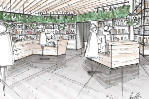 Architekturskizze eines modernen Einzelhandelsgesch&auml;fts in der N&auml;he des Bahnhofs Baden mit Schaufensterpuppen, Regalen und Gr&uuml;npflanzen dar&uuml;ber. Helle Holzakzente, schr&auml;ge Regale und eine offene Gestaltung unterstreichen die Modernisierung.