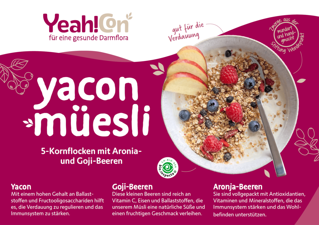 Eine Schale M&uuml;sli mit Milch, geschnittenem Apfel, Blaubeeren und Gojibeeren ist auf einem rosafarbenen Hintergrund abgebildet, neben einem Text, der die gesundheitlichen Vorteile - einschlie&szlig;lich der Darmgesundheit - von Yacon, Gojibeeren und Aroniabeeren von Dr. med. Martin Geyer hervorhebt. Martin Geyer.