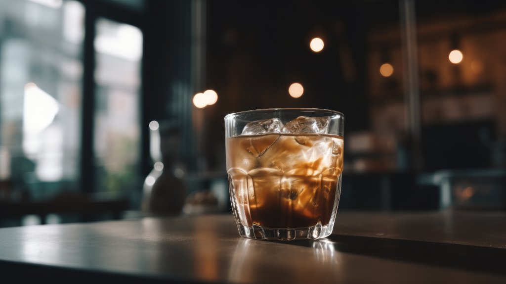 Ein Glas Eiskaffee oder ein dunkler Cocktail steht auf einem Tisch in einem schwach beleuchteten Caf&eacute; oder einer Bar, mit verschwommenen Lichtern und M&ouml;beln im Hintergrund.
