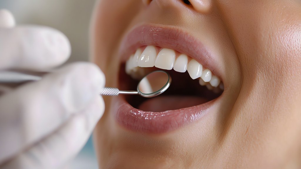 Nahaufnahme des weit ge&ouml;ffneten Mundes einer Person w&auml;hrend einer zahn&auml;rztlichen Untersuchung, w&auml;hrend die behandschuhte Hand des Zahnarztes einen Zahnspiegel benutzt, um Mundgeschw&uuml;r oder Aphthen auf den Z&auml;hnen und dem Zahnfleisch zu untersuchen.