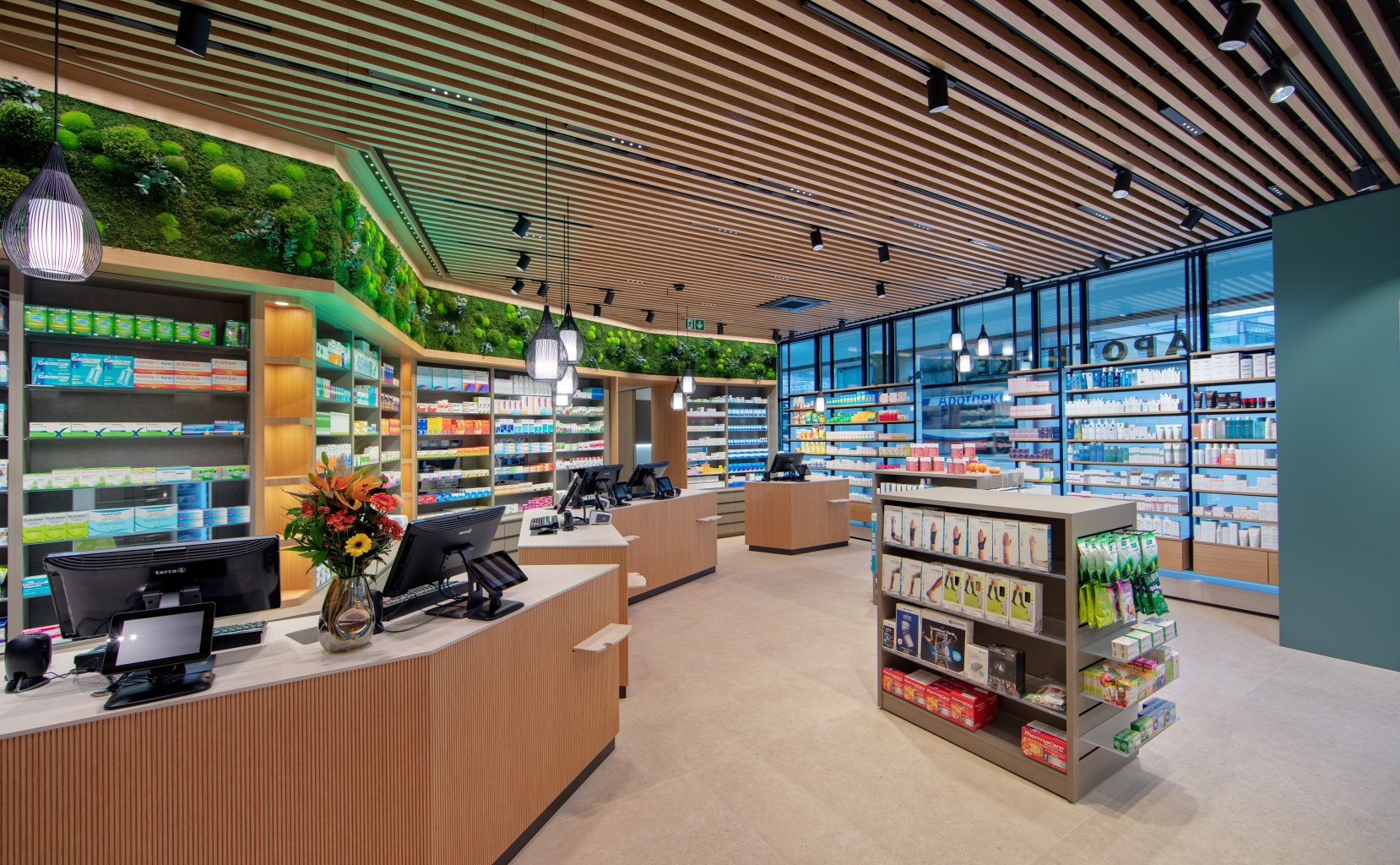 Die Apotheke Wyss in Baden ist eine moderne Apotheke mit h&ouml;lzernen Akzenten, gr&uuml;nem Pflanzendekor &uuml;ber den Regalen, mehreren Theken und gut organisierten Auslagen. Helle Beleuchtung und eine saubere, ger&auml;umige Gestaltung schaffen eine einladende Atmosph&auml;re.