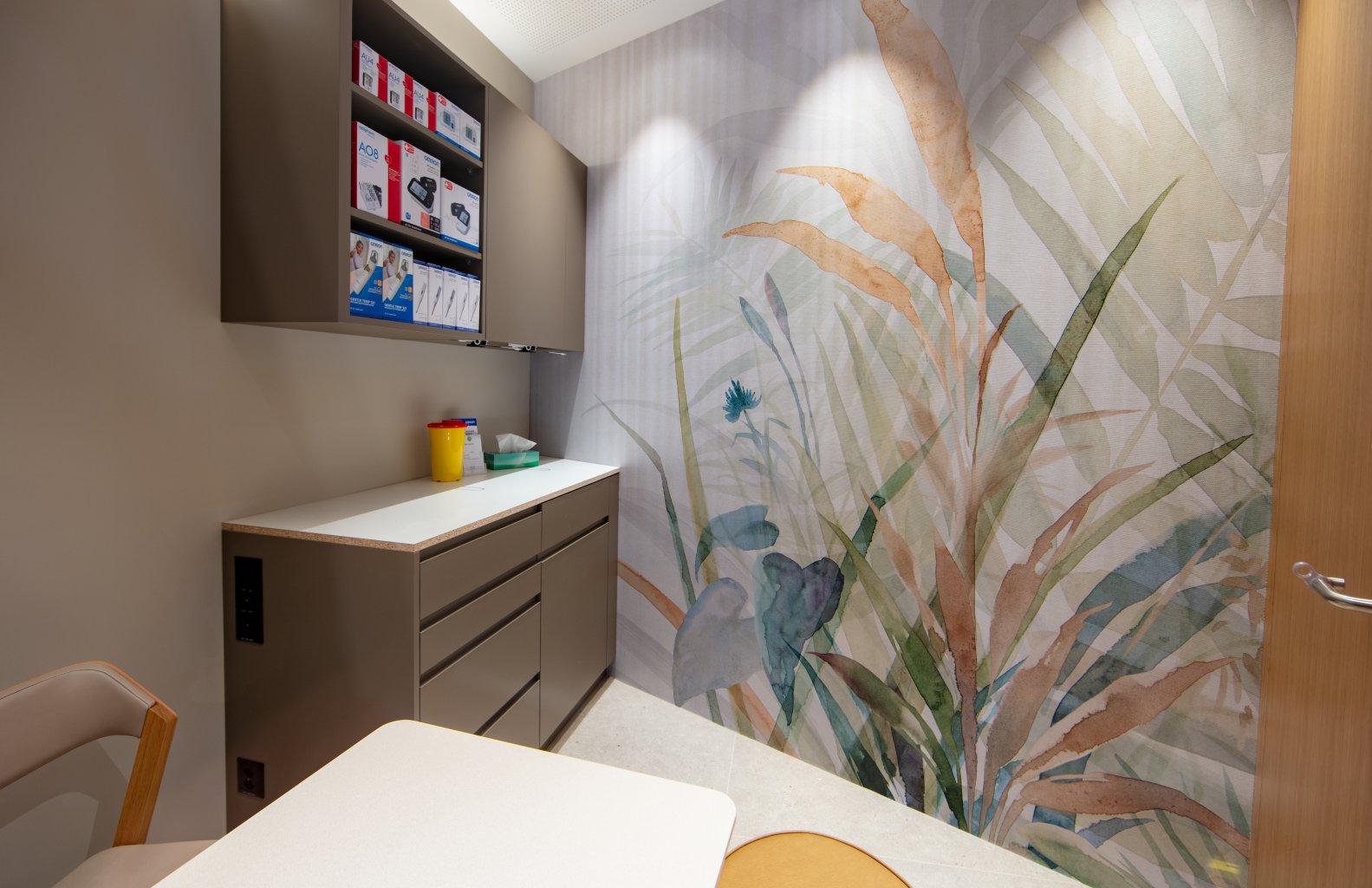 Ein modern gestalteter medizinischer Beratungsraum mit einem Tresen, Schr&auml;nken mit medizinischem Material, einem Stuhl und einem farbenfrohen botanischen Wandbild - wie in der Apotheke Wyss beim Bahnhof Baden.