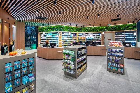 Modernes Apothekeninterieur in der Apotheke Wyss beim Bahnhof Baden mit Holzdecken, hellen Regalen mit Medikamenten und Gesundheitsprodukten, Gr&uuml;npflanzen an der R&uuml;ckwand und grossz&uuml;gigen Auslagen f&uuml;r rezeptfreie Artikel.