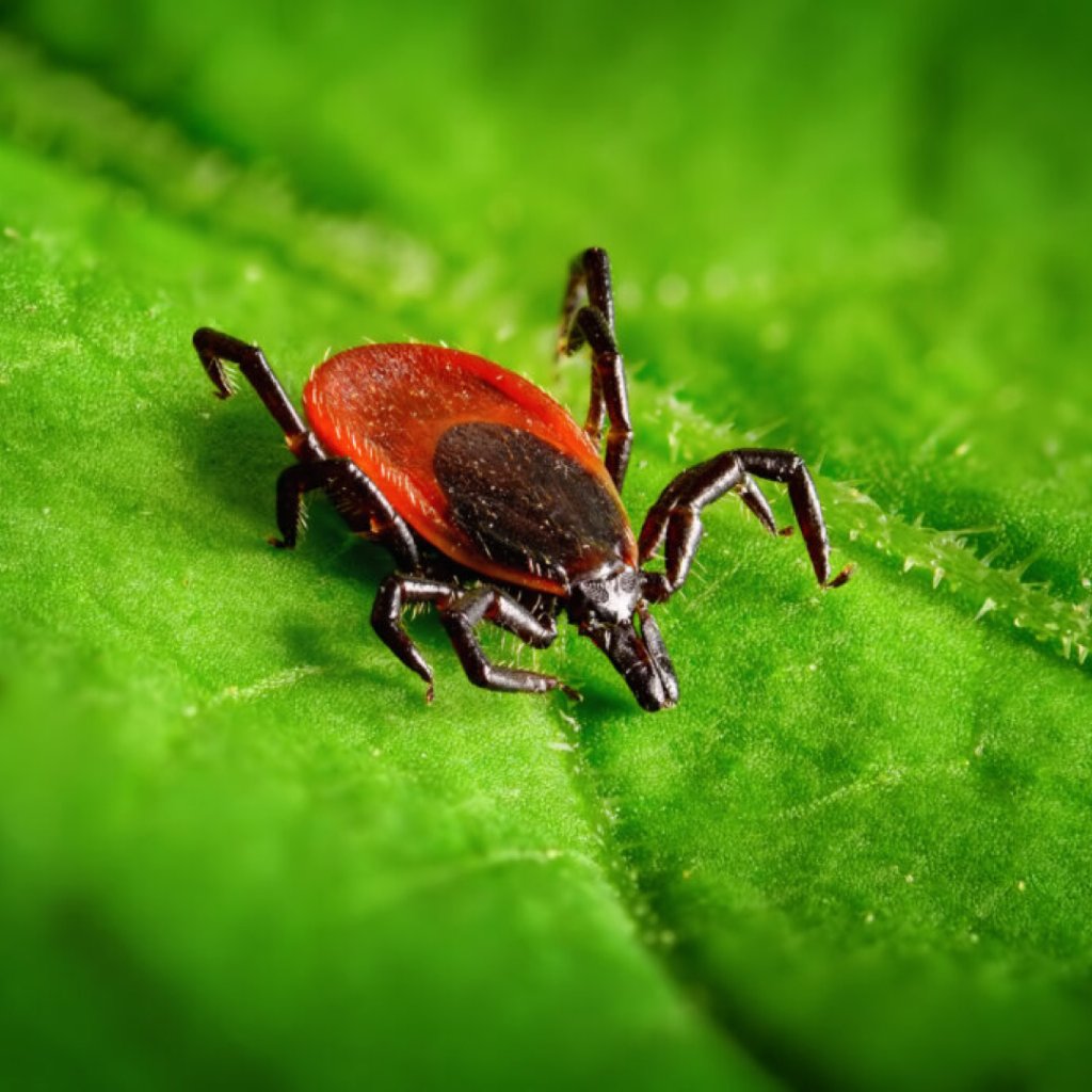 Eine Nahaufnahme einer schwarzbeinigen Zecke mit rötlich-braunem Körper und schwarzen Beinen, die auf einem hellgrünen Blatt herumkrabbelt, unterstreicht die Bedeutung des Zeckenschutzes zur Verhinderung eines infektiösen Zeckenstichs.