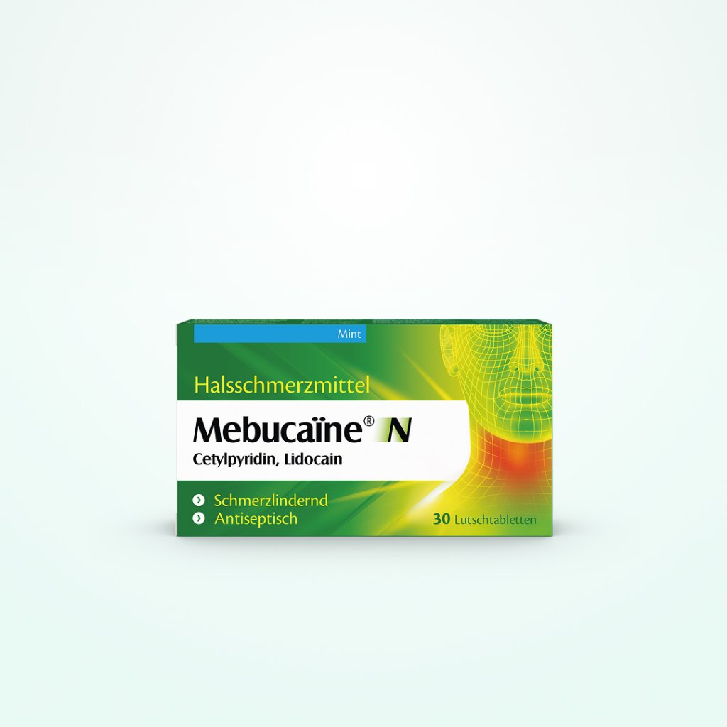 Schachtel mit Mebucaïne N Minz-Lutschtabletten zur Linderung von Halsschmerzen, die Cetylpyridinium und Lidocain enthalten. Die grün-gelbe Schachtel enthält einen deutschen Text, eine Abbildung des menschlichen Rachens und Informationen über Resistenz gegen Mundbeschwerden.