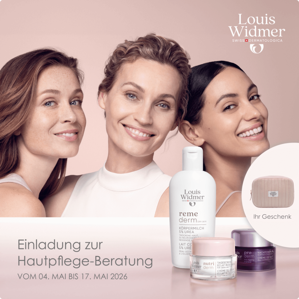 Drei Frauen mit klarer Haut lächeln neben Louis Widmer-Pflegeprodukten. Auf der rechten Seite erscheint ein Geschenk-Icon. Der deutsche Text darunter lädt zu einer Hautpflegeberatung vom 4. bis 17. Mai 2026 ein - Gönnen Sie Ihrer Haut etwas Gutes! Der Hintergrund ist hellbeige.