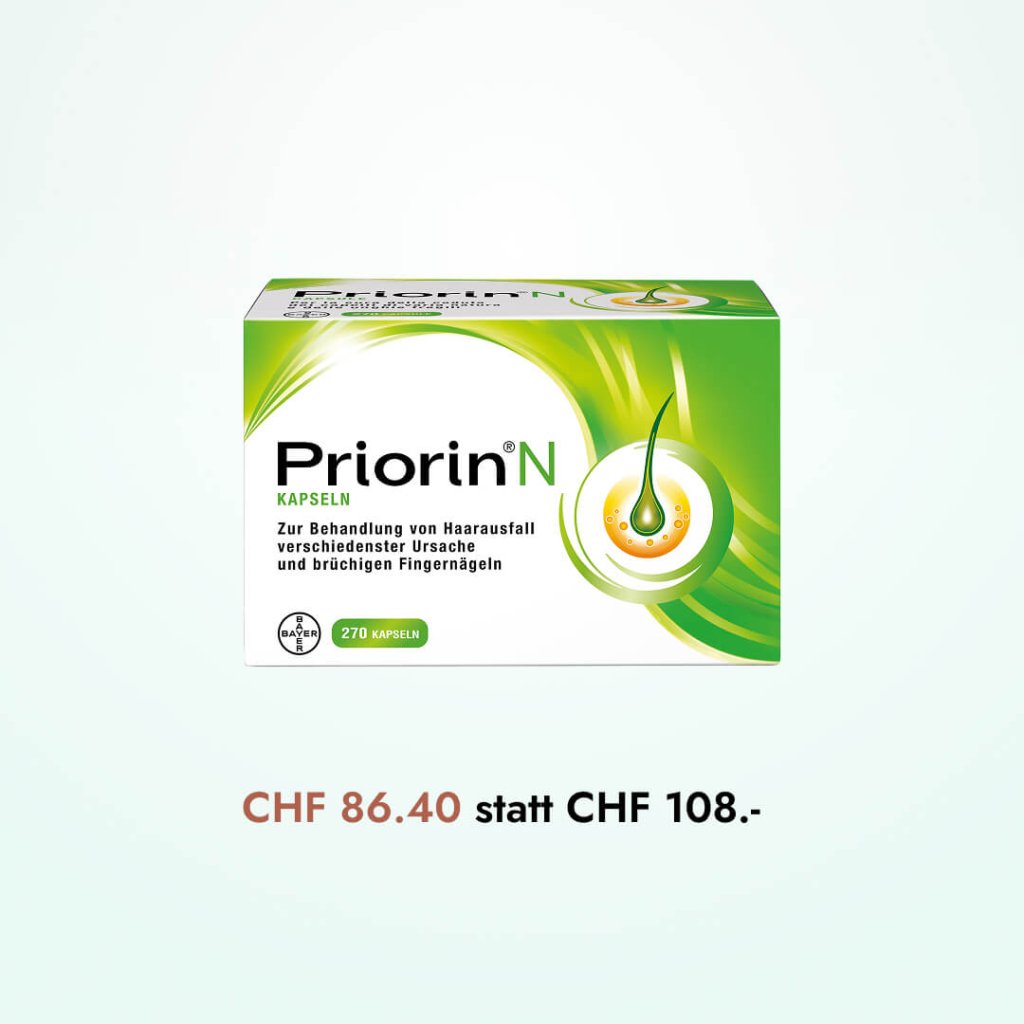Eine Schachtel Priorin N-Kapseln zur Behandlung von Haarausfall ist neben Thermacare Wärmepflaster abgebildet. Der Preis ist mit CHF 86.40 anstelle von CHF 108 hervorgehoben. Der Hintergrund ist hell mit einem grünen Akzent.
