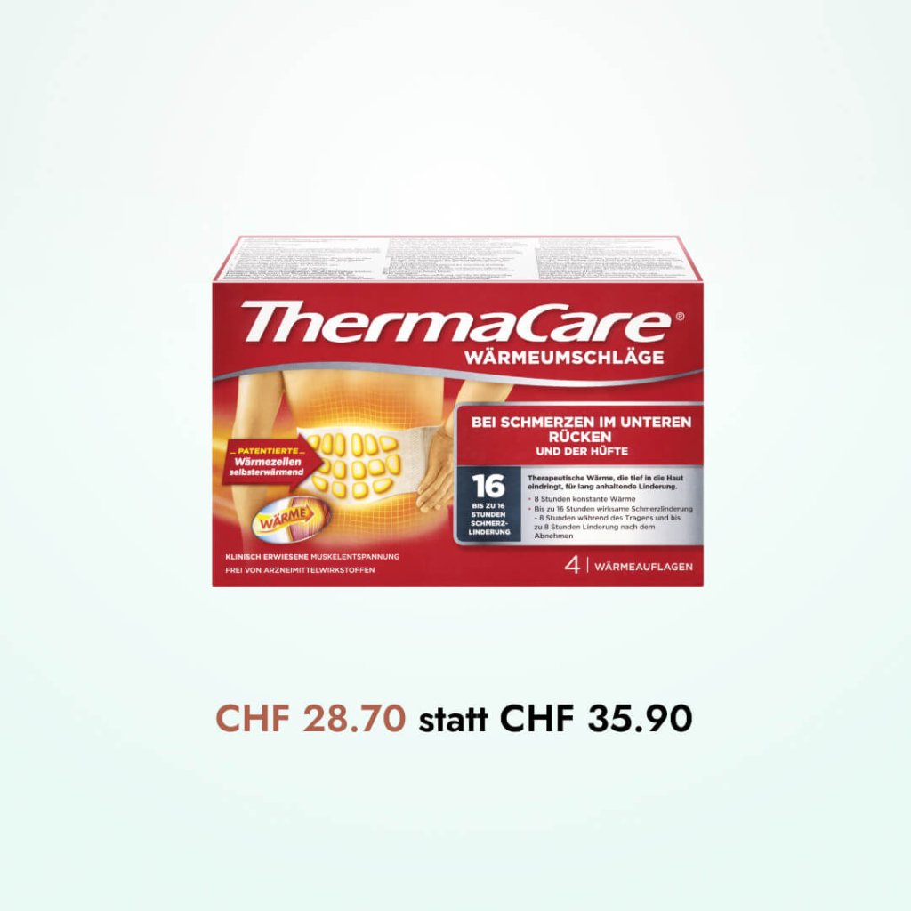 Eine Schachtel Thermacare Wärmepflaster für Schmerzen im unteren Rücken und in der Hüfte ist über einem Preisschild abgebildet: CHF 28.70 statt CHF 35.90. Die Packung enthält 4 Wickel und bietet bis zu 16 Stunden gezielte Schmerzlinderung.