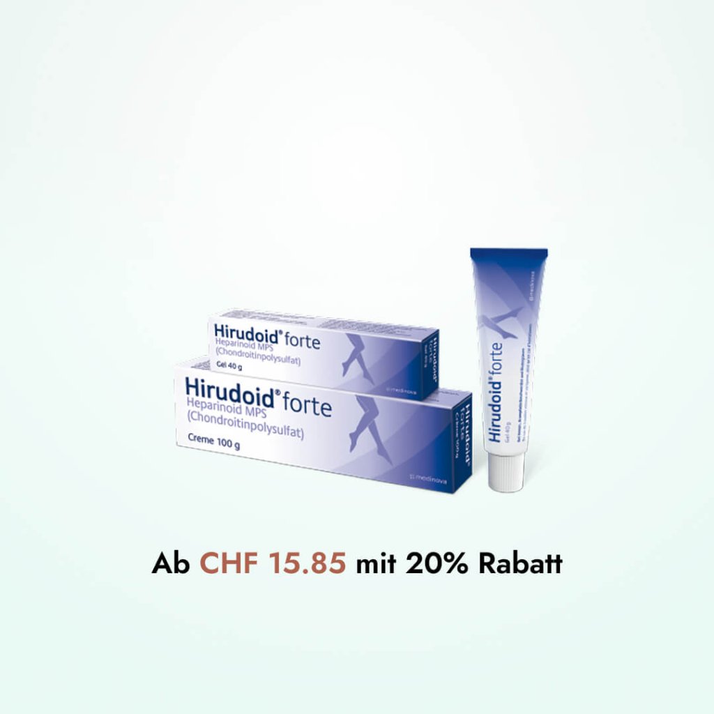 Zwei Schachteln und eine Tube Hirudoid forte Creme sind auf hellem Hintergrund abgebildet. Der Text darunter lautet: Ab CHF 15.85 mit 20% Rabatt in schwarzer und roter Schrift.