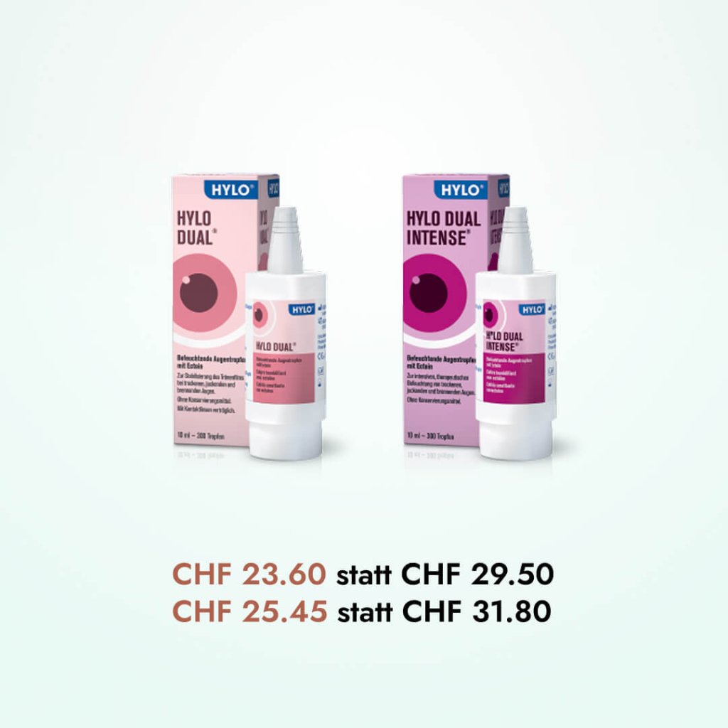 Zwei HYLO-Augentropfenprodukte - HYLO DUAL und HYLO DUAL INTENSE - werden mit ihren Verpackungen gezeigt. Automatisch gespeicherter Entwurf: CHF 23.60 statt 29.50 und CHF 25.45 statt 31.80 zeigen die reduzierten Preise in CHF unter jedem Produkt.