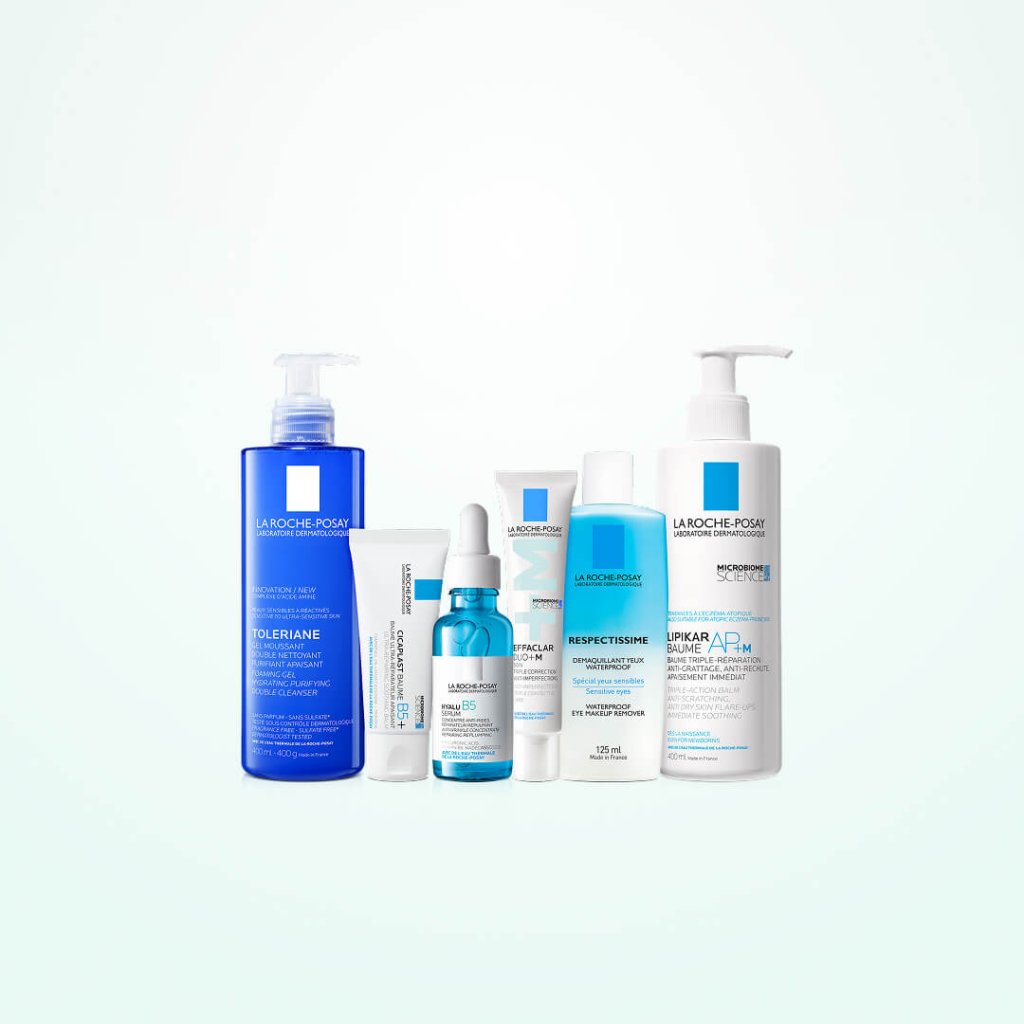 Sechs La Roche-Posay Hautpflegeprodukte in blau-weißer Verpackung, ideal für jede Haut und jedes Budget, sind nebeneinander auf einem hellen Hintergrund mit Farbverlauf angeordnet - perfekt für Ihre tägliche Verwöhnbehandlung.