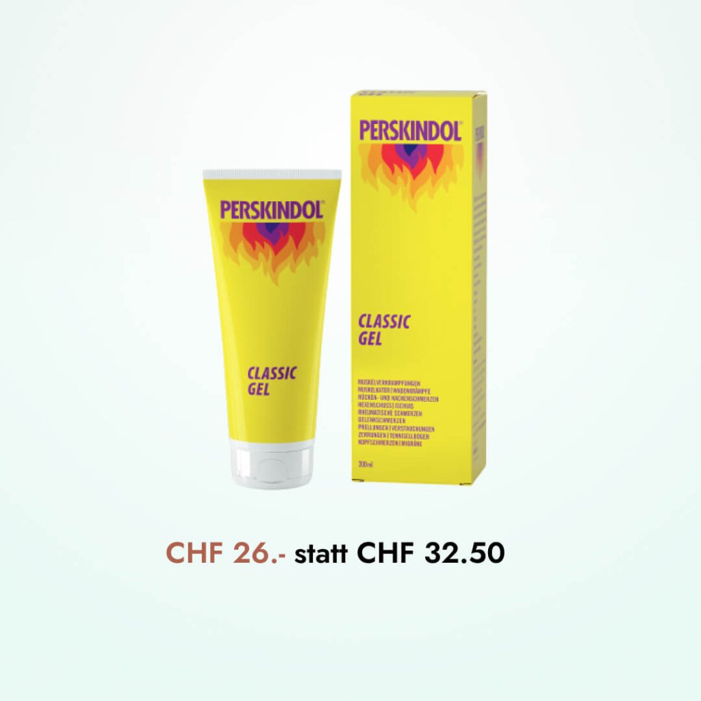 Gelbe Tube und Schachtel Perskindol Classic Gel mit rotem und orangefarbenem Flammenmotiv. Automatisch gespeicherter Entwurf. Unten im Text ist ein reduzierter Preis angegeben: CHF 26.- statt CHF 32.50.