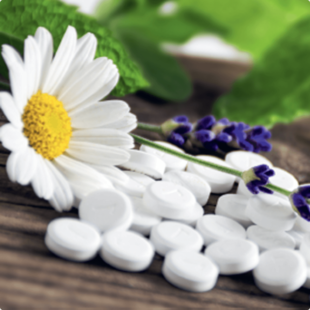 Eine Nahaufnahme von weißen Schüssler-Salz-Tabletten, die auf einer hölzernen Oberfläche verstreut sind, mit einer Kamillenblüte, Lavendelzweigen und grünen Blättern im Hintergrund - perfekt, um diesen Frühling fit zu bleiben.