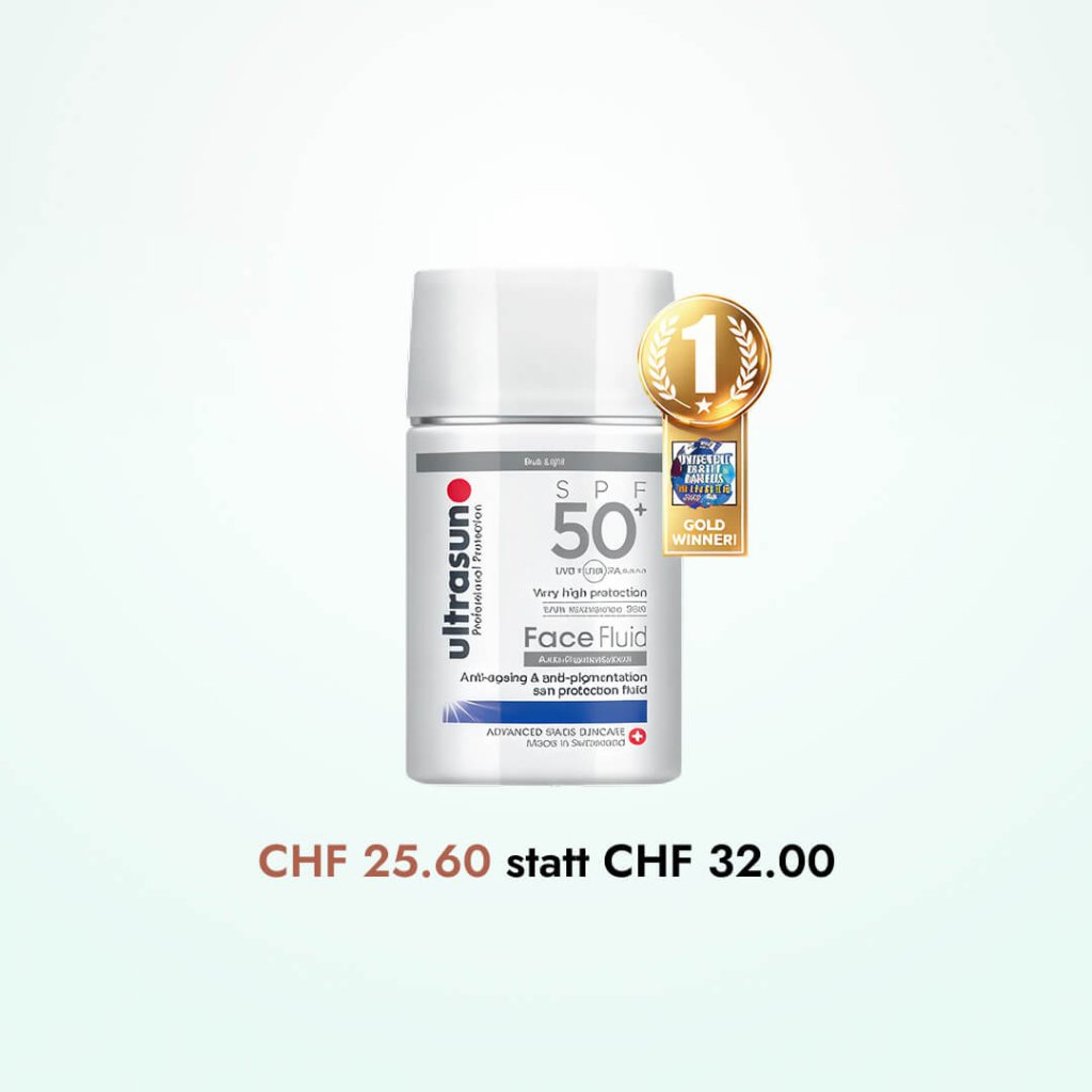 Ultrasun Face Fluid SPF 50+ Sonnenschutzmittelflasche mit goldener Plakette auf weissem Hintergrund. Der Text unten zeigt den reduzierten Preis von CHF 25.60 anstelle von CHF 32.00.