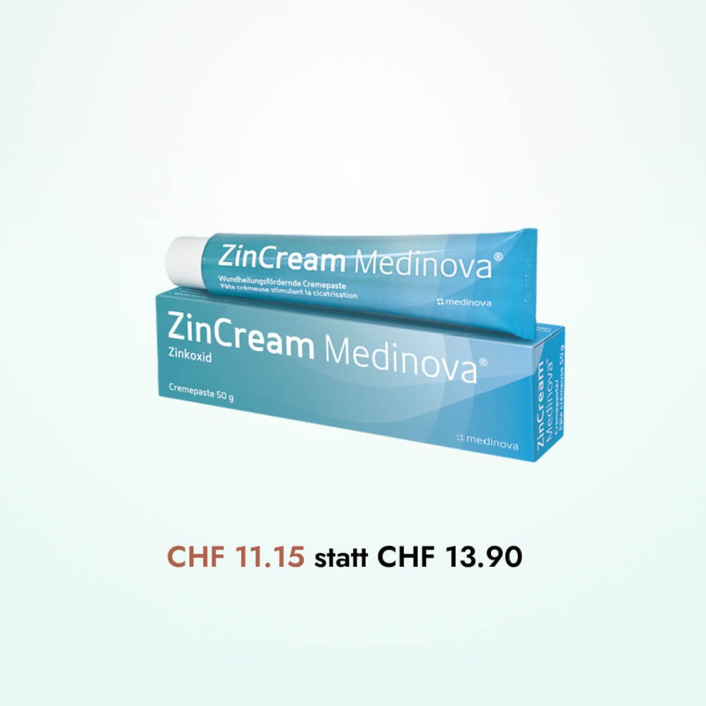 Abgebildet sind eine blaue Schachtel und eine Tube ZinCream Medinova (Zinkoxidcreme). Der Text darunter zeigt eine Preisreduktion an: CHF 11.15 statt CHF 13.90 auf hellem Hintergrund, markiert als automatisch gespeicherter Entwurf.