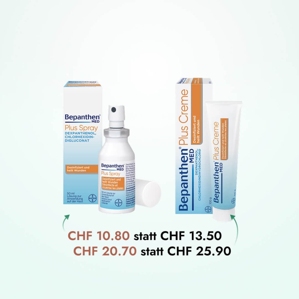 Die Produkte Bepanthen Plus Spray und Creme werden mit Verpackung angezeigt. Die reduzierten Bepanthen Plus Preise von CHF 10.80 (vorher 13.50) und CHF 20.70 (vorher 25.90) werden unter den Produkten angezeigt.