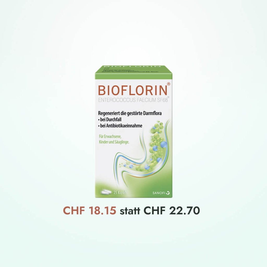 Eine Packung BIOFLORIN-Probiotika mit deutscher Beschriftung zur Unterstützung der Darmflora bei Durchfall und während einer Antibiotikabehandlung. Für Erwachsene, Kinder und Säuglinge. Lässt sich gut mit der hormonfreien Vagisan-Feuchtcreme für die Intimpflege kombinieren. CHF 18.15 (vorher CHF 22.70).
