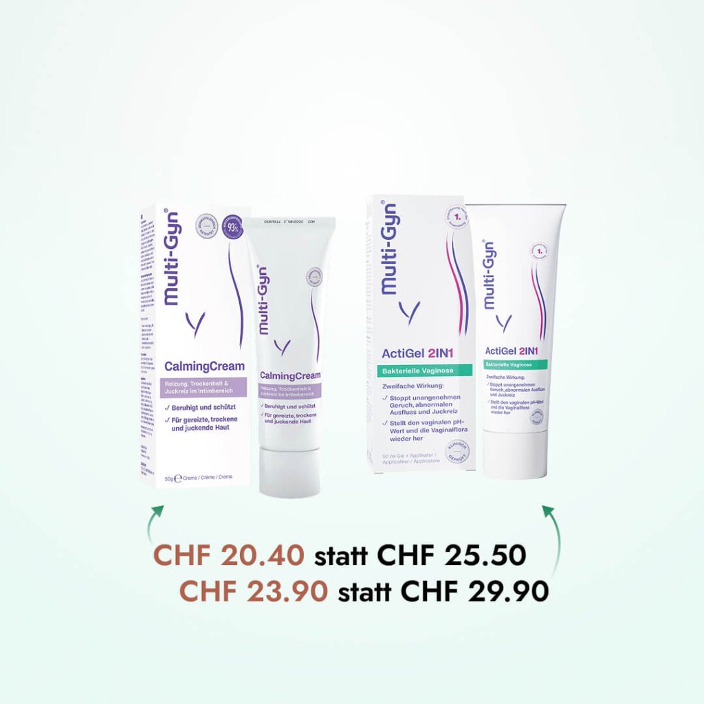 Zwei Multi-Gyn-Produkte, CalmingCream und Actigel 2in1, werden neben den Biomed Magnesium-Präparaten mit Preisen in Schweizer Franken angezeigt. CalmingCream: CHF 20.40 (vorher 25.50), Actigel 2in1: CHF 23.90 (vorher 29.90). Weisser Hintergrund mit grünen Akzenten.