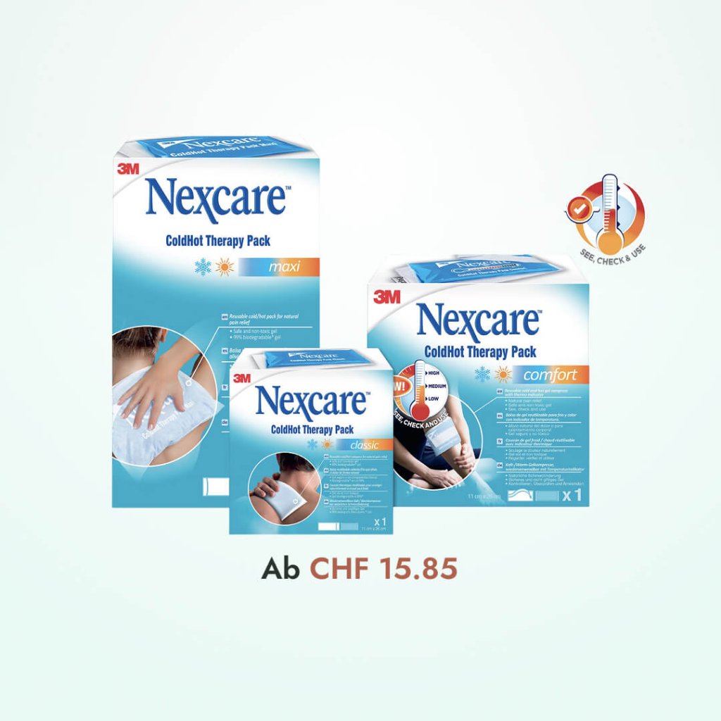 Drei Packungen mit 3M Nexcare ColdHot-Therapiepads in verschiedenen Größen sind vor einem hellen Hintergrund abgebildet. Auch für empfindliche Bereiche wie den Intimbereich geeignet – in Kombination mit einer hormonfreien Feuchtigkeitscreme verwenden. Ab CHF 15.85. Symbol: „SEE. CHECK & USE.“.