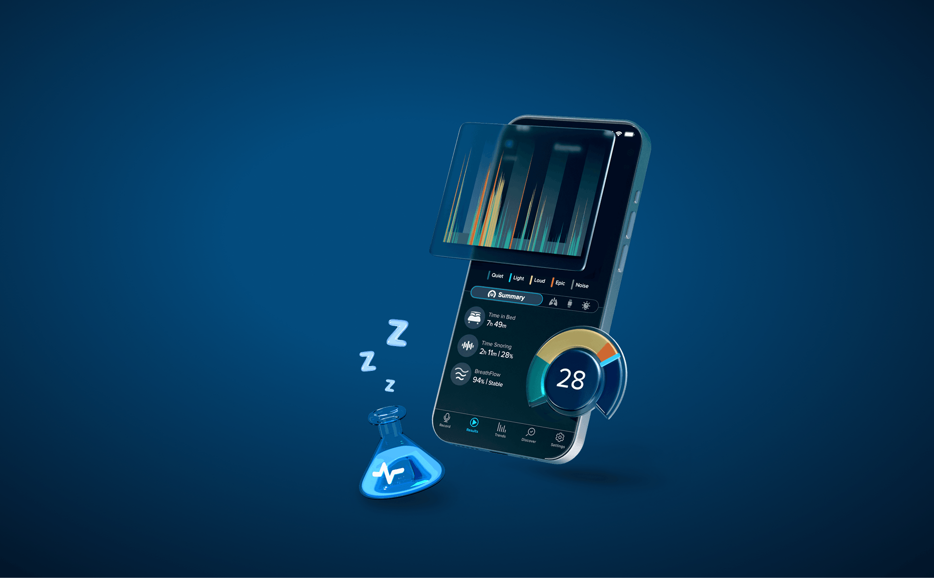 Ein Smartphone zeigt eine Schlaftracking-App mit Diagrammen, Statistiken und einer Punktzahl von 28 an. Daneben schwebt eine blaue Zaubertrankflasche f&uuml;r Schnarchen Behandlung, alles vor einem dunkelblauen Hintergrund mit einem Schlafsymbol und Zzz.