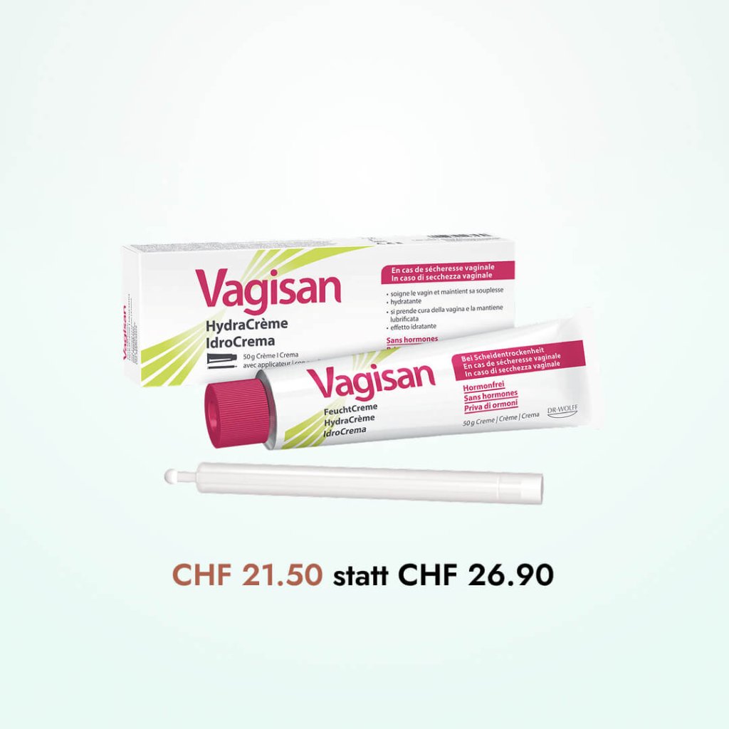 Auf hellem Hintergrund sind eine Tube und eine Packung „Vagisan hormonfreie Feuchtcreme für den Intimbereich“ sowie ein Applikator abgebildet. Der darunter stehende Text gibt einen reduzierten Preis an: 21,50 CHF statt 26,90 CHF.