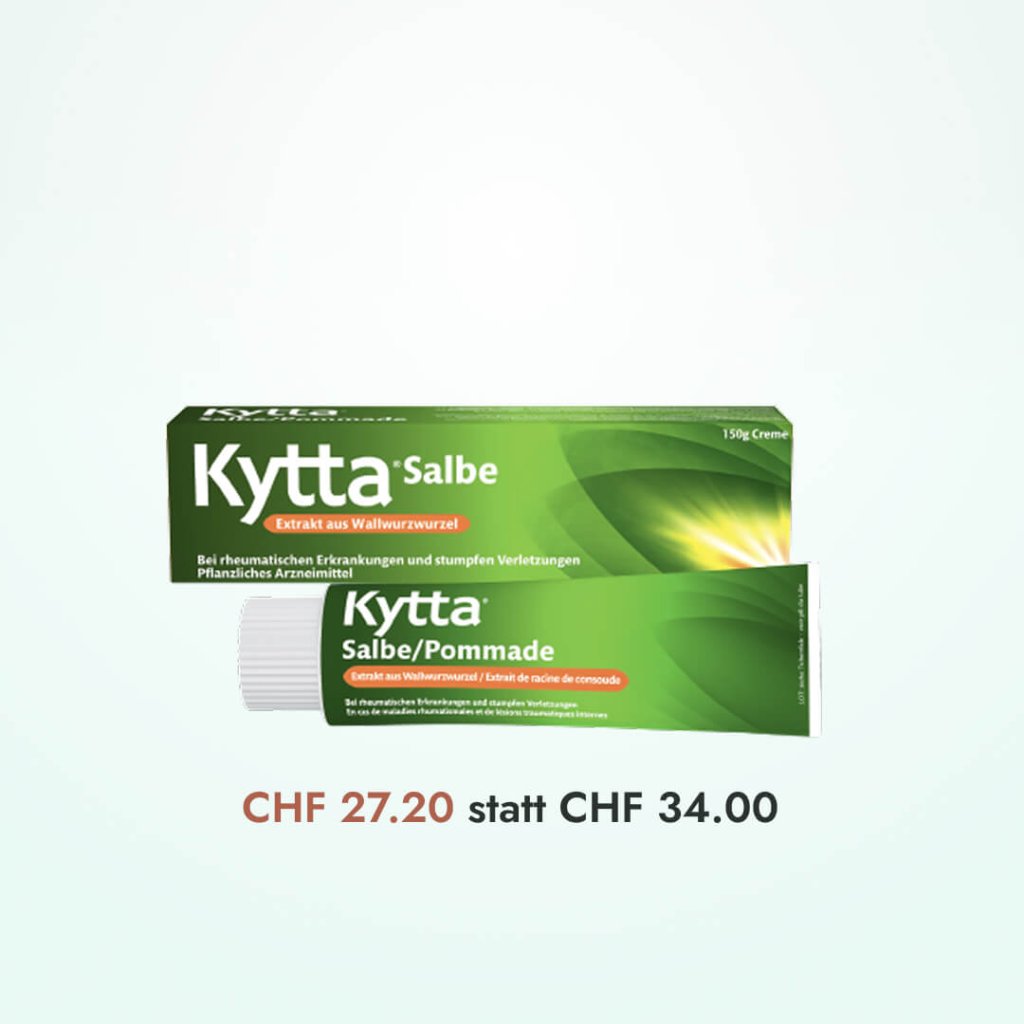 Grüne Schachtel und Tube mit Kytta Salbe mit Pflanzenblatt-Motiv. Der Preis ist reduziert: 27,20 CHF statt 34,00 CHF. Der Text ist auf Deutsch. Entdecken Sie ähnliche Wellness-Produkte wie GLY-CORAMIN 125 mg Lutschtabletten für Ihre Gesundheitsbedürfnisse.