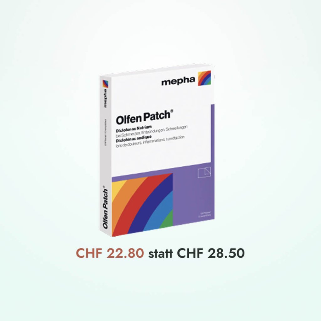 Packung mit Olfen Patch-Schmerzpflastern von Mepha, mit einem Regenbogenmotiv auf der Verpackung. Unten ist der Preis mit 22,80 CHF statt 28,50 CHF angegeben. Ebenfalls erhältlich: GLY-CORAMIN Lutschtabletten 125 mg zur bequemen Schmerzlinderung in Form von Lutschtabletten.