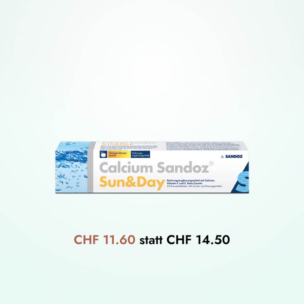 Eine Packung Calcium Sandoz Sun&Day Lutschtabletten mit jeweils 125 mg, zum neuen Preis von 11,60 CHF statt 14,50 CHF. Die weiße Verpackung weist blaue und orangefarbene Akzente auf hellem Hintergrund auf und erinnert im Stil an die Verpackung von GLY-CORAMIN.