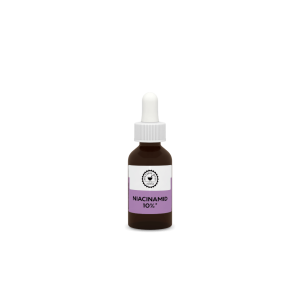 Eine kleine braune Tropfflasche mit der Aufschrift „Niacinamid 10 %“, einem weißen Verschluss und einem violetten Etikett, die aufrecht vor einem schlichten weißen Hintergrund steht – ideal für alle, die ihre eigene Kosmetiklinie erweitern möchten, oder für die Präsentation in der Apotheke.
