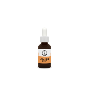 Eine braune Tropfflasche aus Glas mit der Aufschrift „Vitamin C 20 %“, einem weißen Verschluss und einem orangefarbenen Etikett, die aufrecht auf einem weißen Hintergrund steht – ideal für alle, die ihre eigene Kosmetiklinie oder Apothekenkollektion aufwerten möchten.