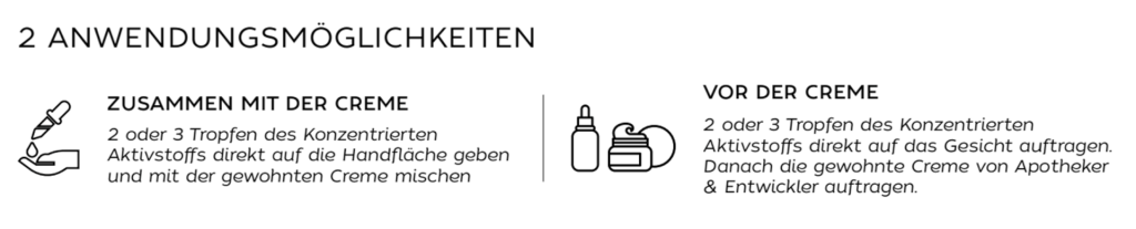 Anleitung auf Deutsch, die zwei Anwendungsm&ouml;glichkeiten f&uuml;r ein Hautpflegeprodukt aus der eigenen Kosmetiklinie zeigt: 2&ndash;3 Tropfen mit der Creme in der Hand vermischen oder 2&ndash;3 Tropfen vor dem Auftragen der Creme direkt auf das Gesicht auftragen. Einfache Symbole veranschaulichen die jeweilige Methode &ndash; ideal auch f&uuml;r die Apotheke.