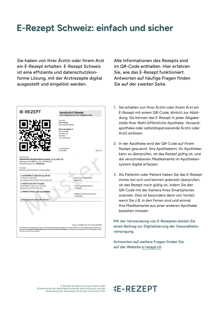 Flyer E-Rezept Schweiz mit einem Musterrezept und einer Erkl&auml;rung, wie ein E-Rezept in der Apotheke eingel&ouml;st wird.