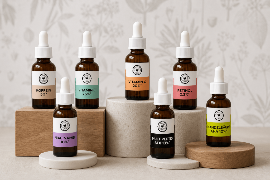 Sechs braune Tropfflaschen mit bunten Etiketten, auf denen verschiedene Hautpflegewirkstoffe wie Vitamin C, Retinol und Niacinamid abgebildet sind, sind auf neutralen Podesten vor einem hellen Hintergrund mit botanischen Mustern angeordnet &ndash; die perfekte Inspiration f&uuml;r Ihre eigene Kosmetiklinie in der Apotheke.