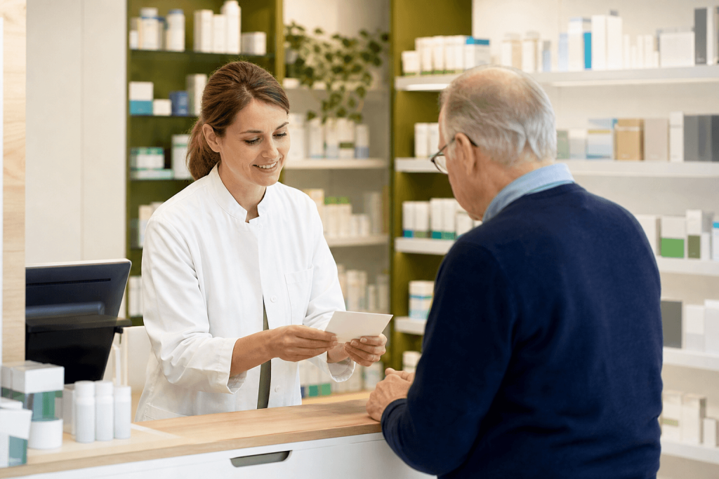 Eine Apothekerin im wei&szlig;en Kittel &uuml;berreicht einem &auml;lteren Mann am Apotheken-Schalter ein Rezept, im Hintergrund sind Regale mit Medikamenten und Gesundheitsprodukten zu sehen &ndash; eine typische Szene, in der jemand sein Rezept in der Apotheke erh&auml;lt.