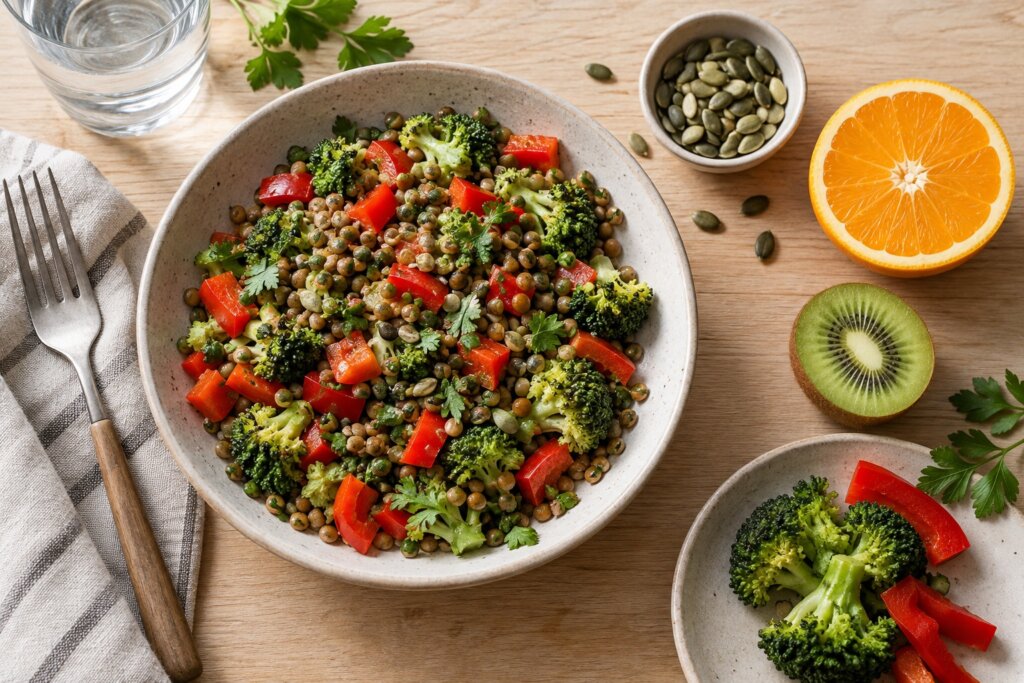 Linsensalat mit Peperoni und Broccoli, K&uuml;rbiskerne, Orange und Kiwi.